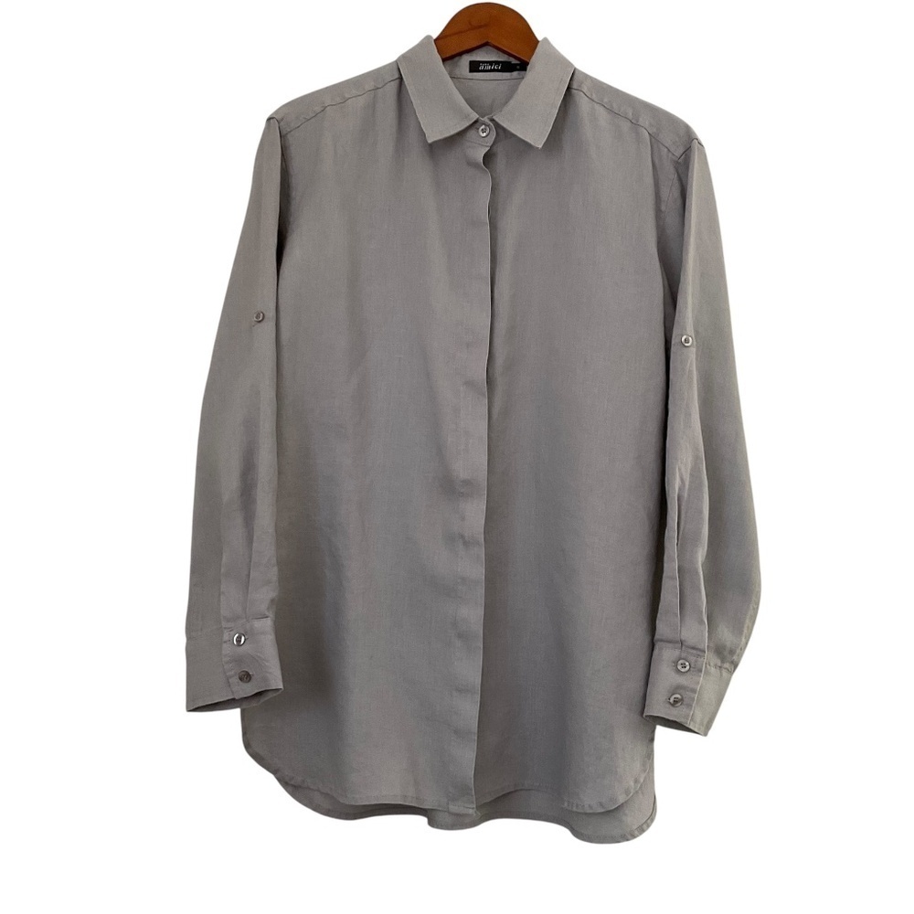 Pure Amici Women’s Shirt Sz S Gray Button Up Linen Classic Preppy Office Siren